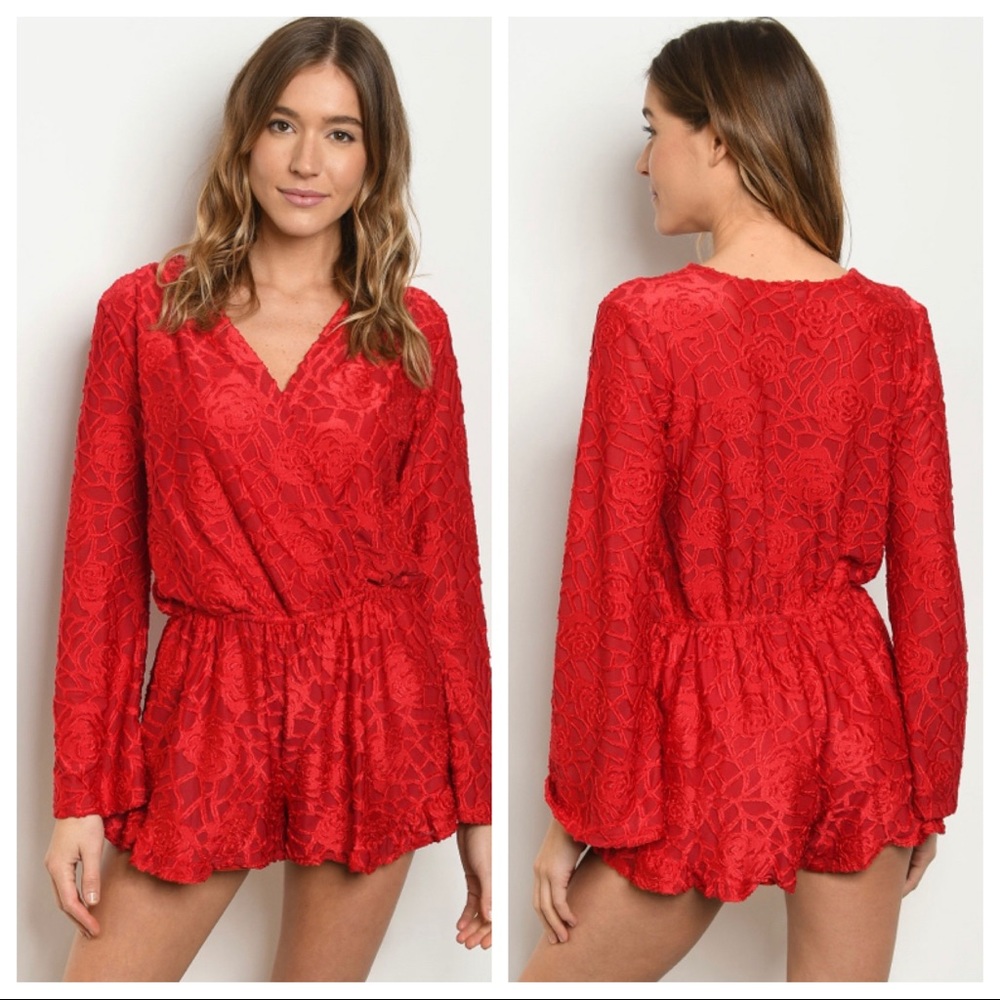 Red Lace Long-Sleeve Romper - Women Jumpsuit